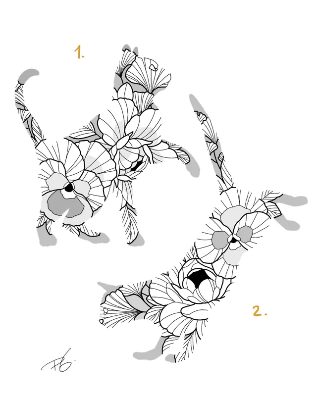 Flash design: two cats drawn with floral linework
